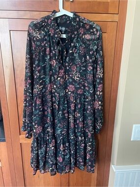 Harper Black Floral Tie-Neck Long Sleeve tiered Dress